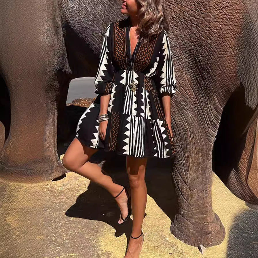 Geometric Print V-Neck Balloon Sleeve Tiered Mini Dress