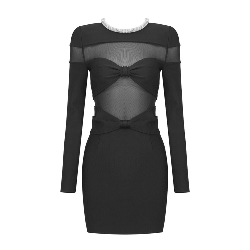 Bow Mesh Rhinestone Strip Dress Black Long Sleeve Semi Transparent - View 5
