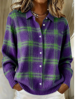 Plaid Check Button Front Collared Cardigan