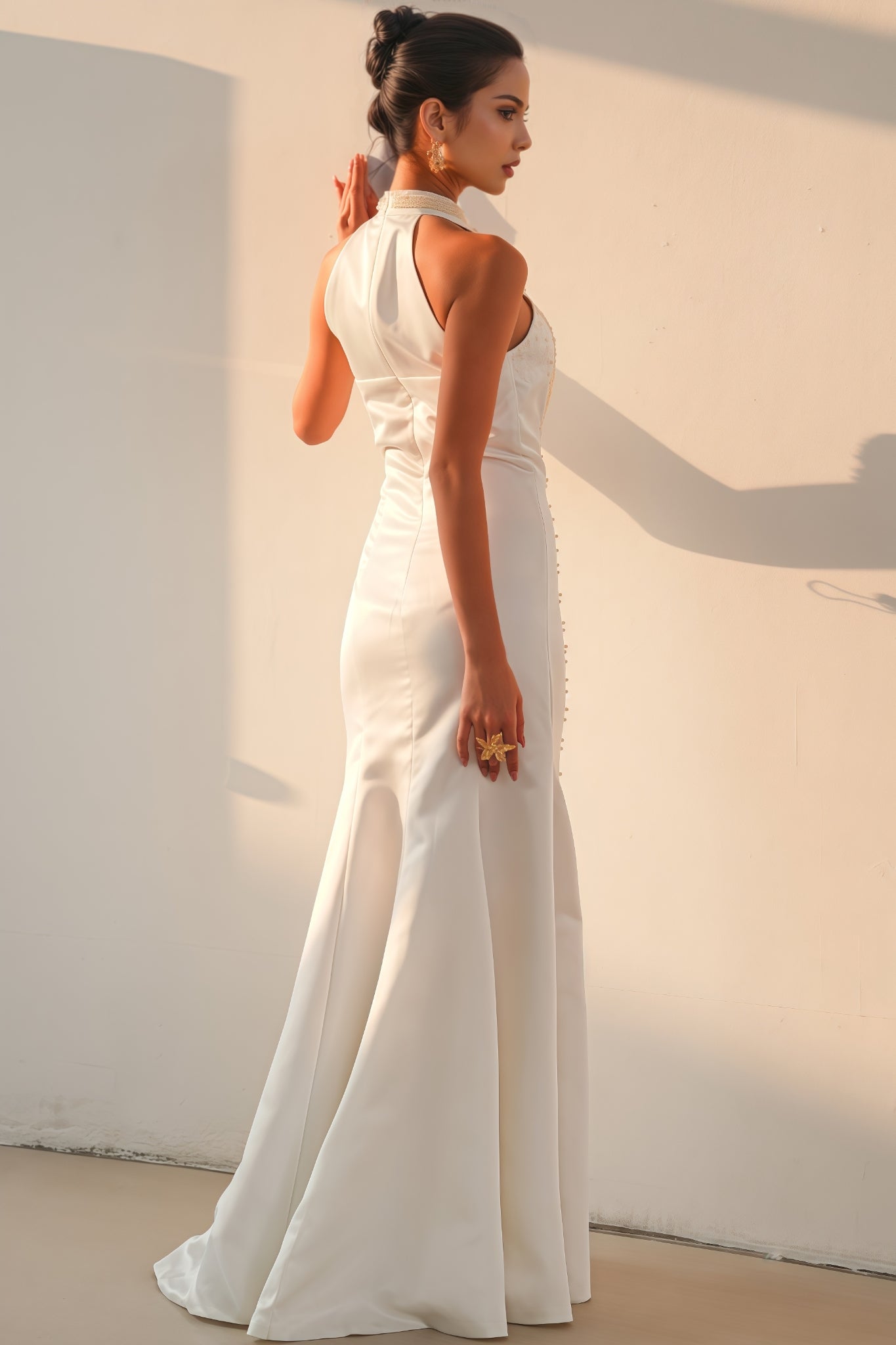 Pearl Beaded Halter Keyhole Cascade Fringe Mermaid Gown