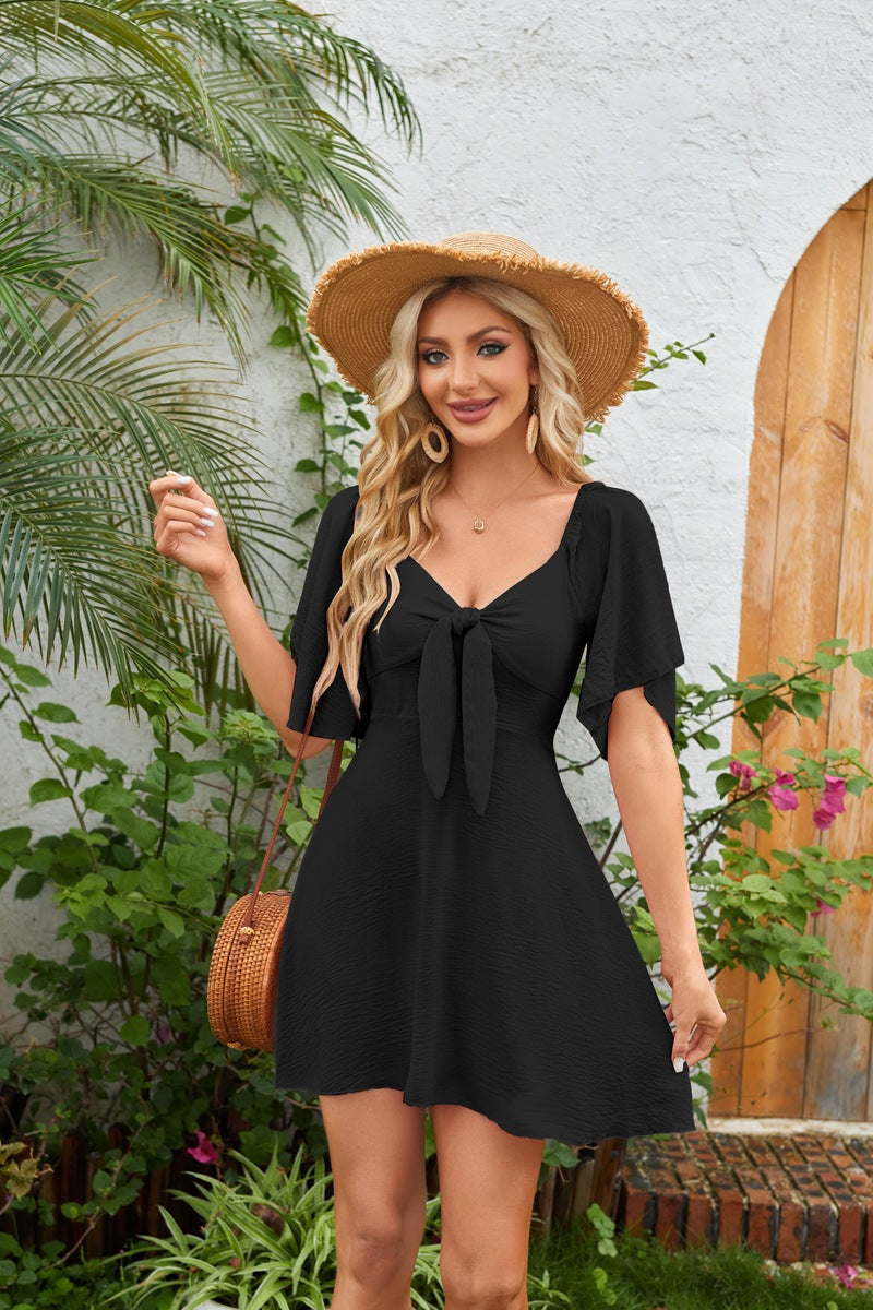V-Neck Flutter Sleeve Tie Front A-Line Mini Dress 12