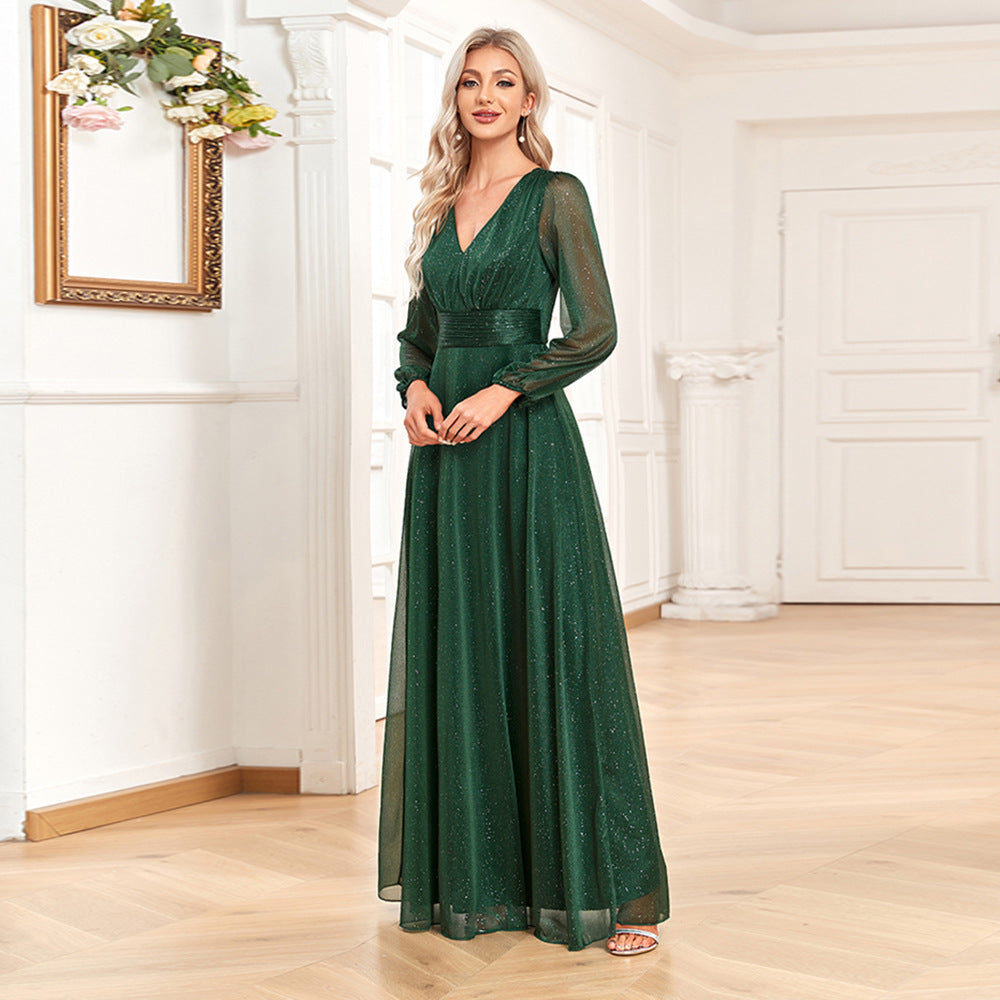 Glitter V-Neck Long Sleeve A-Line Chiffon Maxi Dress