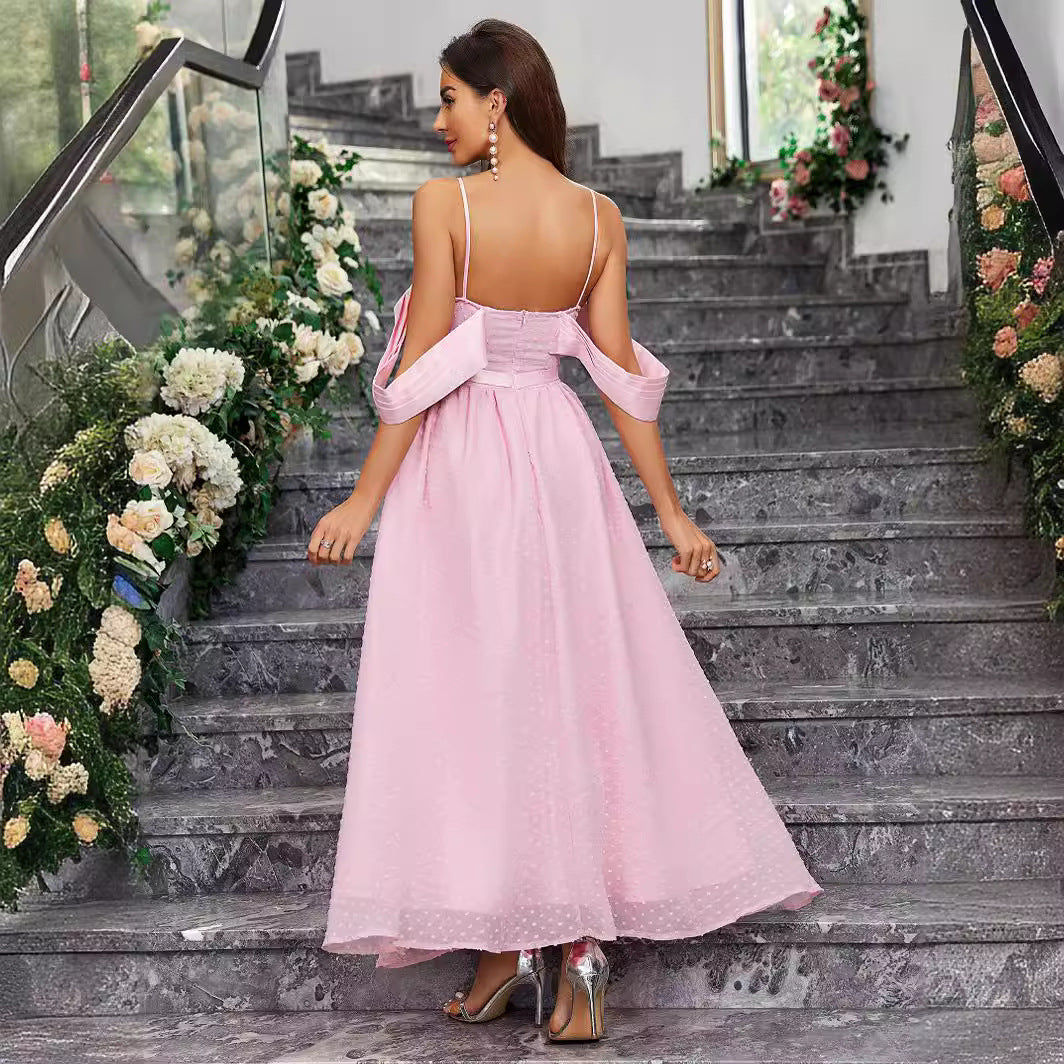 Swiss Dot Sweetheart Bustier Off Shoulder Drape Pleated A-Line Maxi Gown