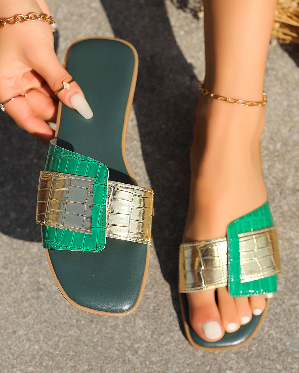 Patent Leather Color Block Square-Toe Flat Sandals