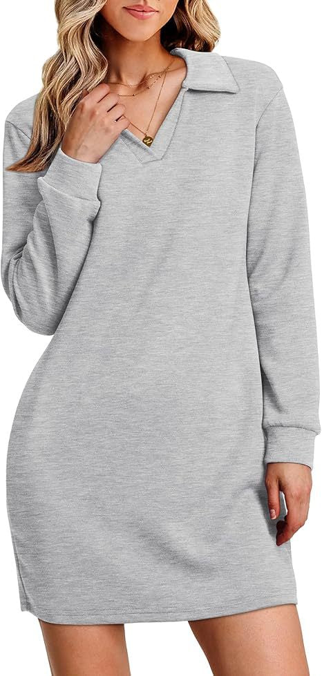 Collared V-Neck Long Sleeve Sweatshirt Mini Dress 5