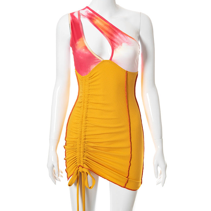 One Shoulder Cut Out Ruched Drawstring Hem Bodycon Mini Dress
