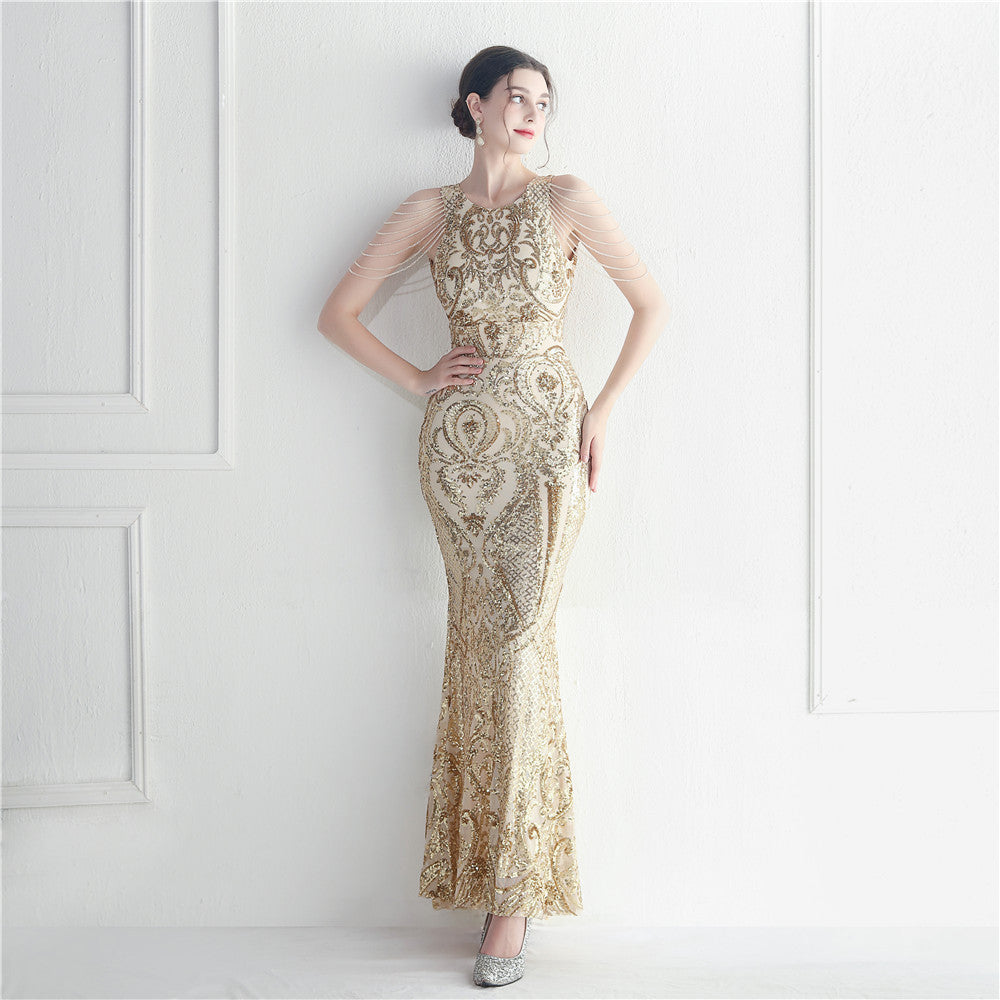 Sequin Beaded Round Neck Fringe Mermaid Maxi Gown