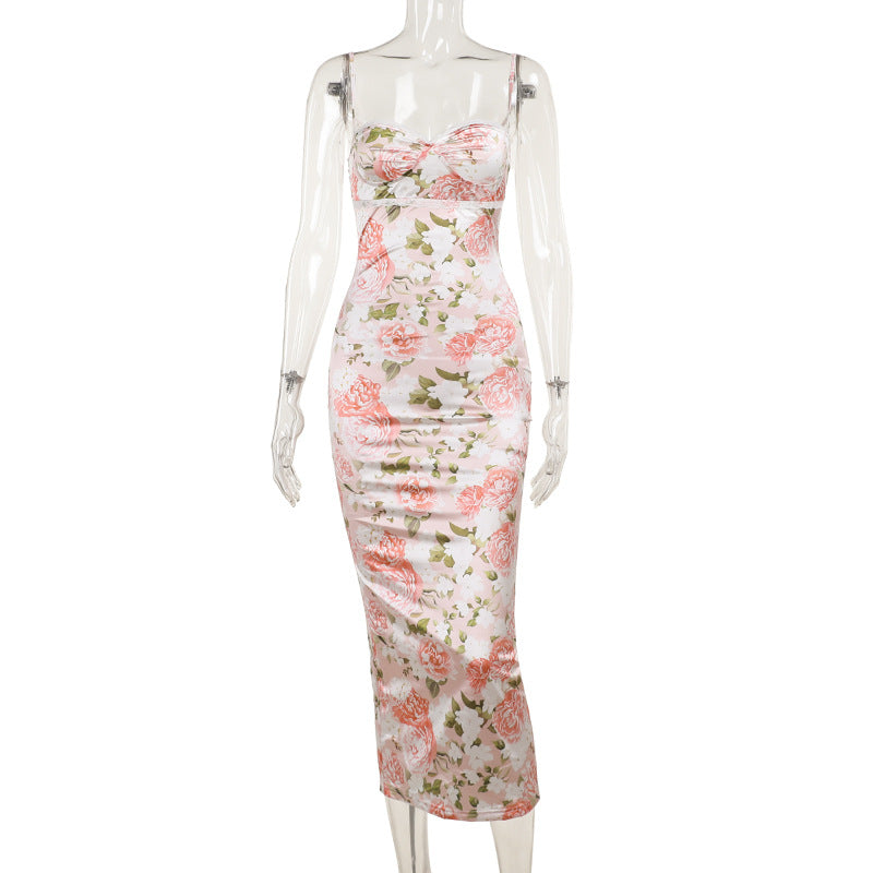 Floral Lace Trim Spaghetti Strap Sweetheart Bustier Bodycon Maxi Dress