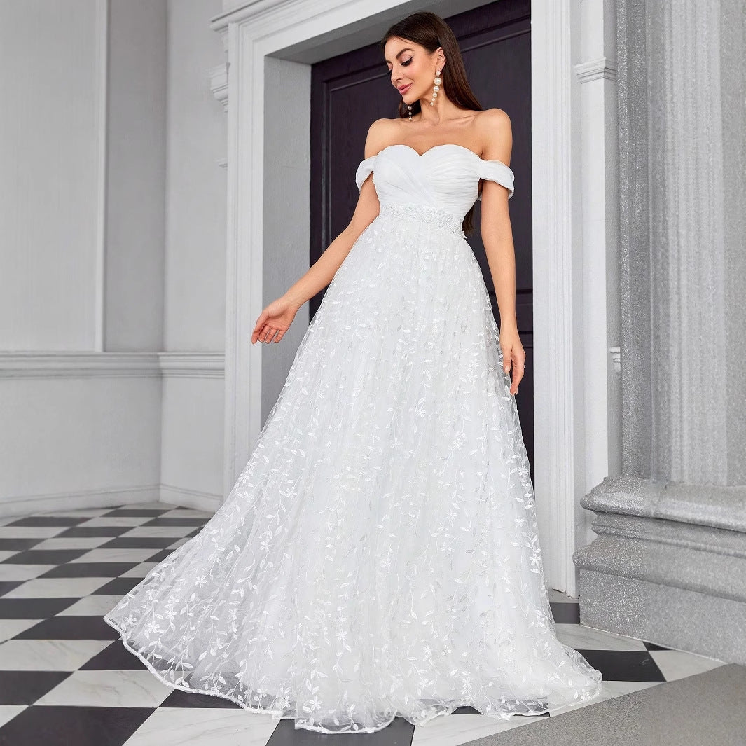 Floral Embroidered Off Shoulder Sweetheart A-Line Maxi Gown