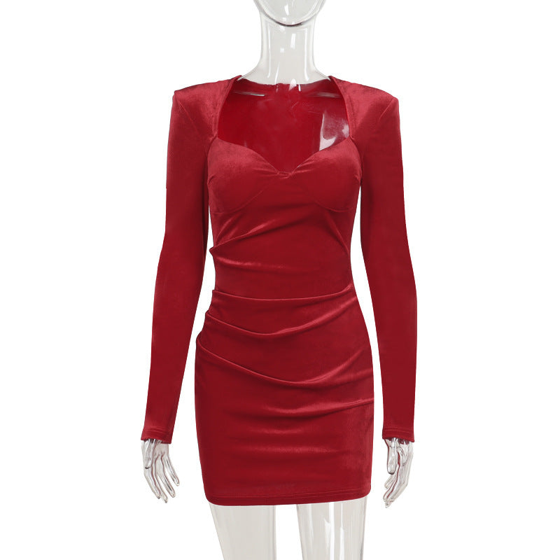 Velvet Sweetheart Neck Padded Shoulder Long Sleeve Bodycon Midi Dress