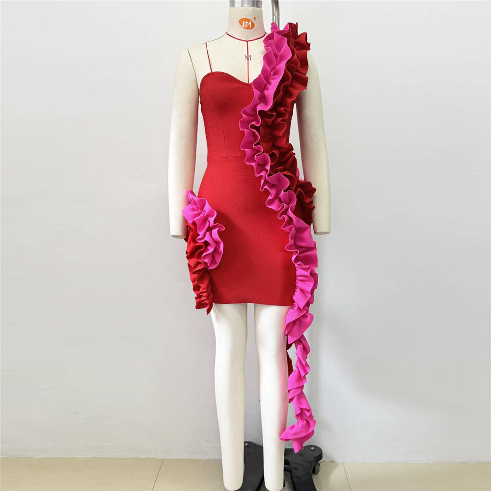 One Shoulder Ruffle High Low Bodycon Mini Dress 2