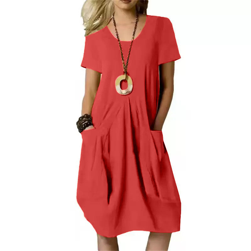 V-Neck Short Sleeve Pocket Loose Cocoon Midi Dress 10