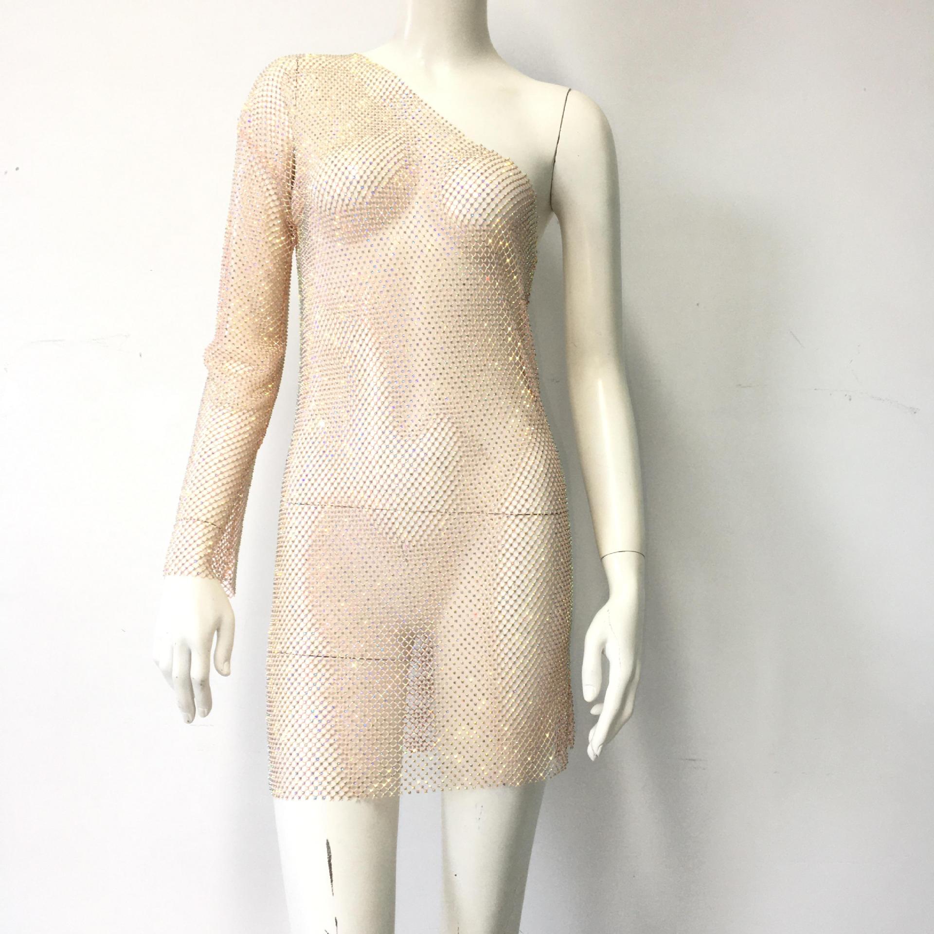 One Shoulder Long Sleeve Rhinestone Mesh Bodycon Mini Party Dress