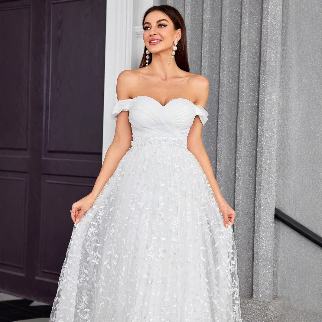 Floral Embroidered Off Shoulder Sweetheart A-Line Maxi Gown