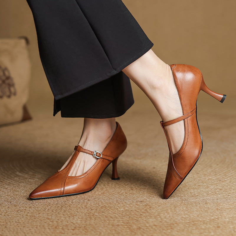 Pointed Toe T-Strap Buckle Stiletto Pumps