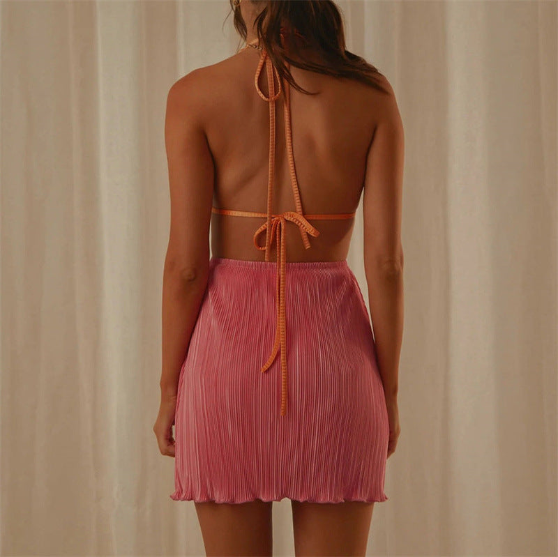 Summer V Neck Backless Pleated Halter Lace Up Cutout Short Dress - View 4