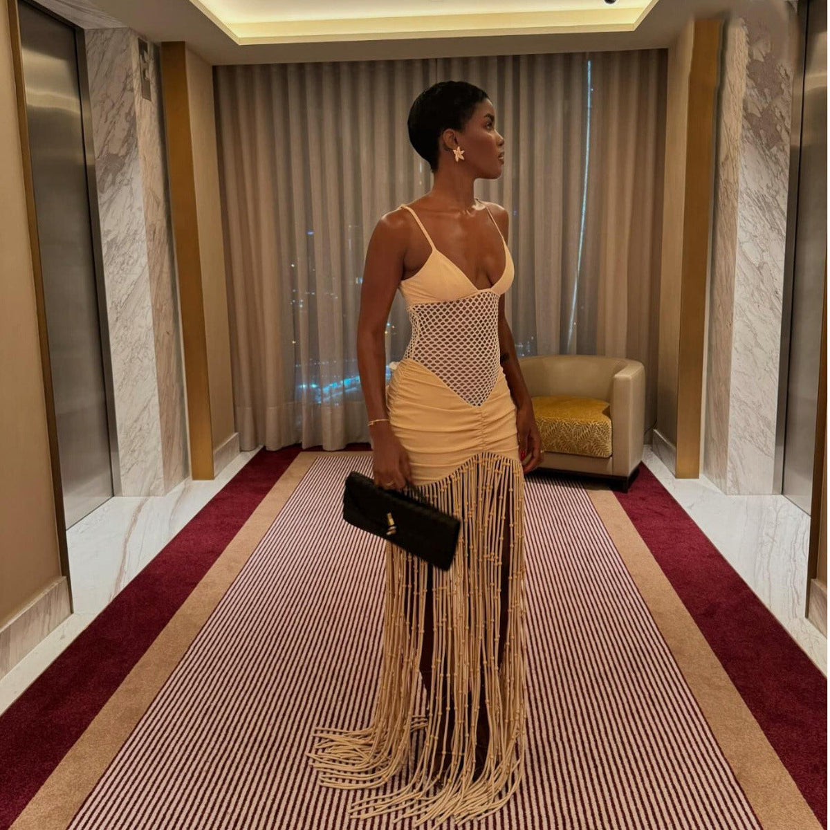 V-Neck Spaghetti Strap Fishnet Panel Ruched Fringe Hem Maxi Dress 2