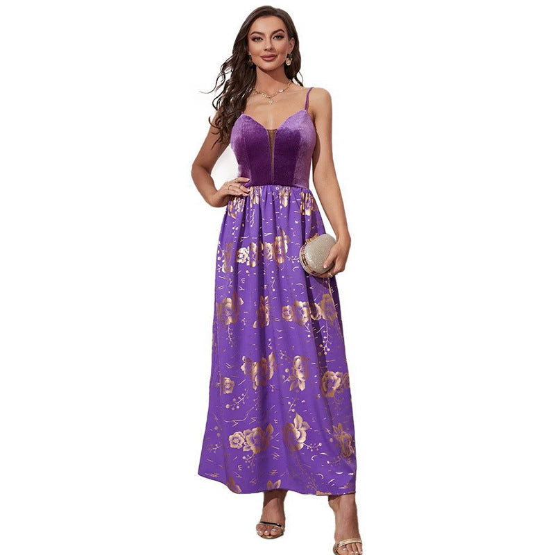 Velvet Spaghetti Strap Mesh Plunge Floral Print Pleated A-Line Maxi Dress
