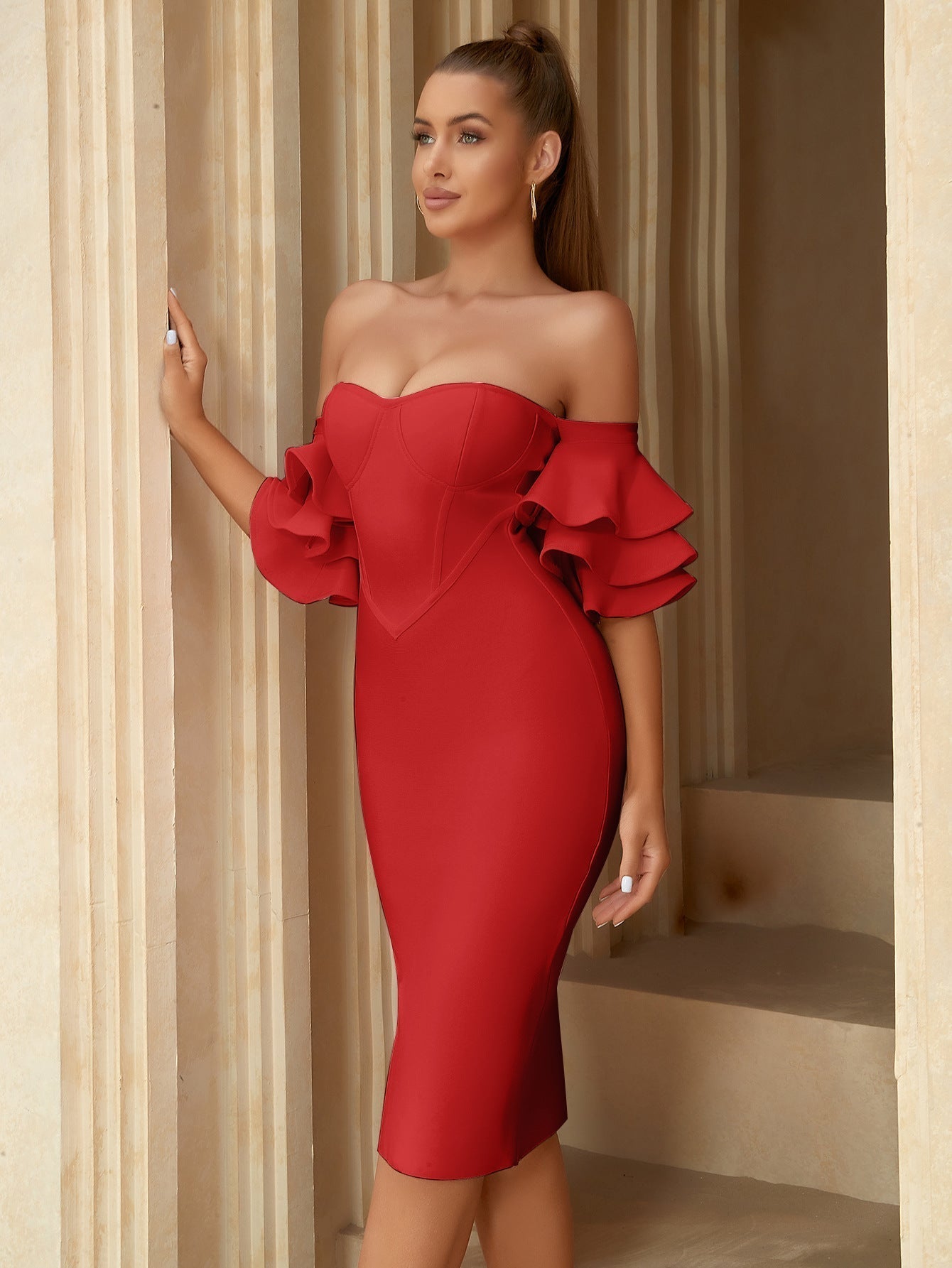 Off Shoulder Sweetheart Ruffle Sleeve Corset Bodycon Midi Dress