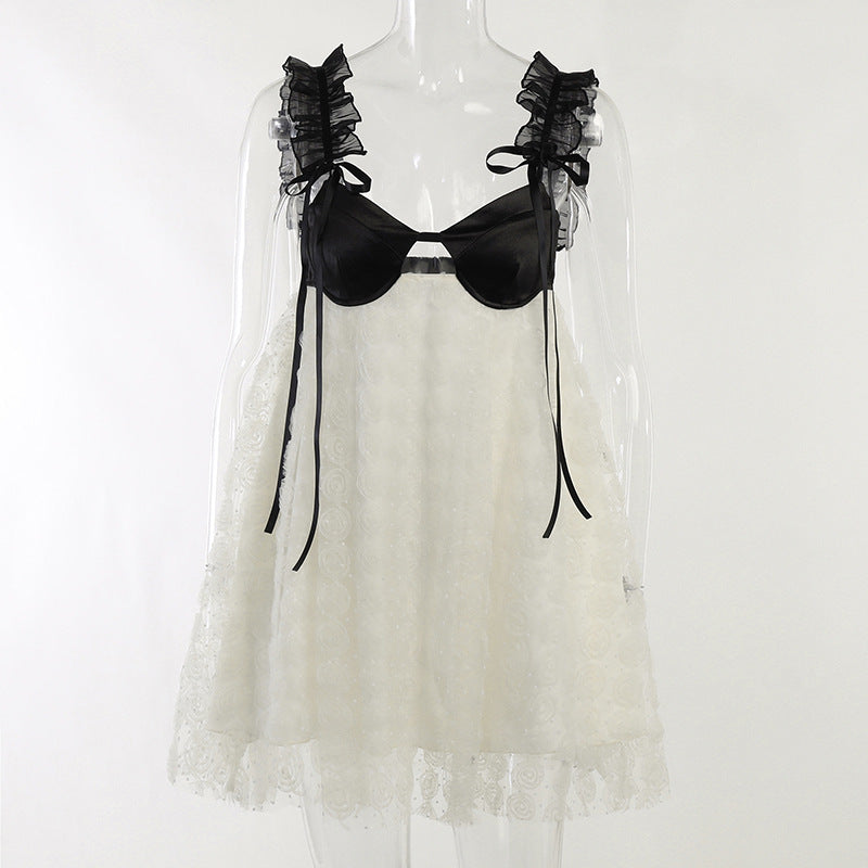 Satin Bustier Sweetheart Rosette Applique Mesh Babydoll Mini Dress
