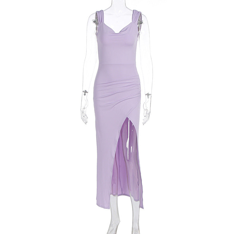 Cowl Neck Wide Strap Ruched Wrap High Split Maxi Dress 3