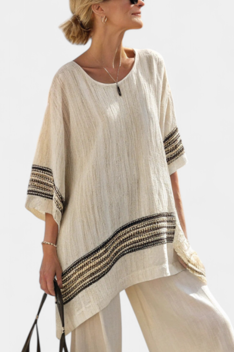 Striped Trim Half Sleeve Top and Wide Leg Pants Two Piece Set