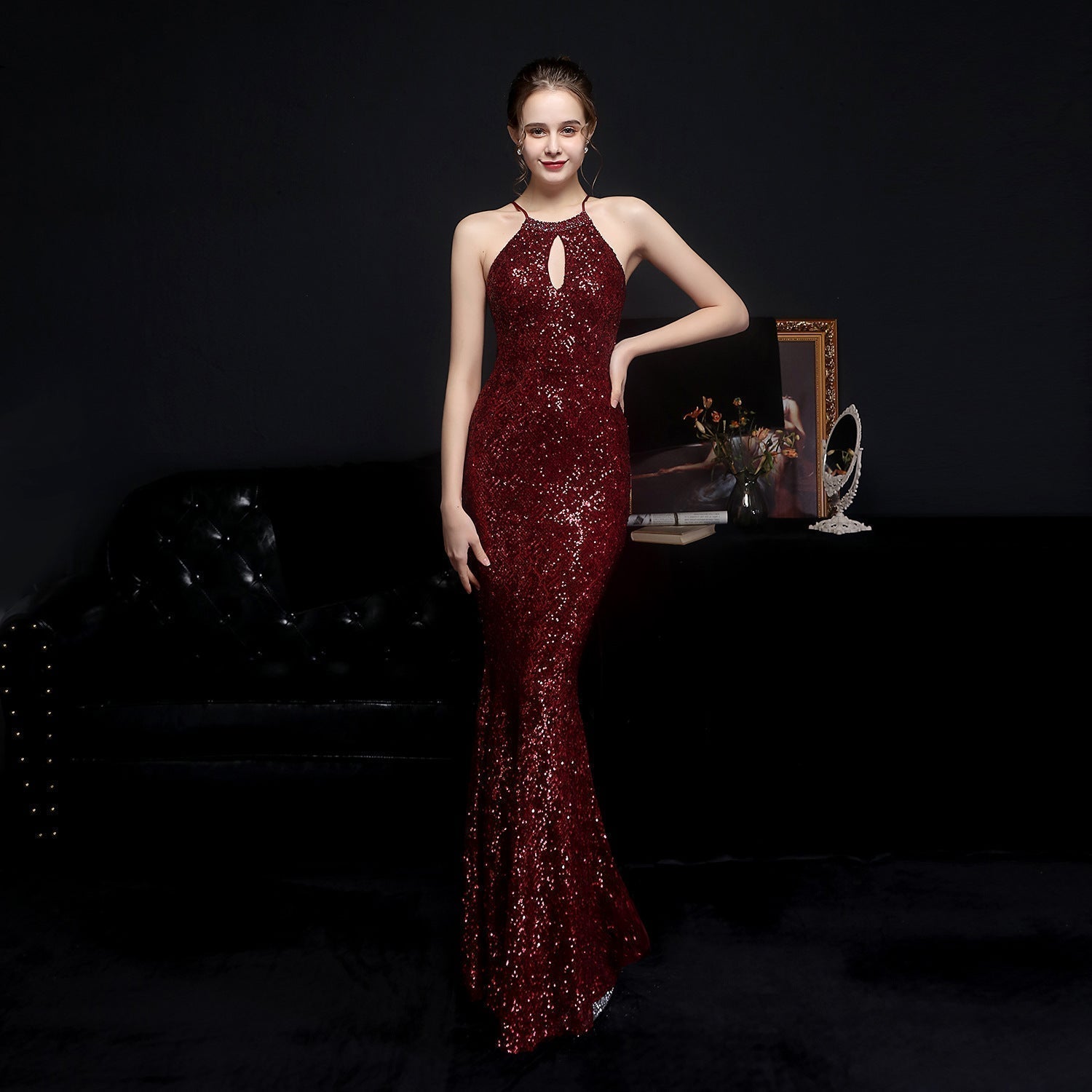 Halter Neck Keyhole Beaded Sequin Mermaid Gown