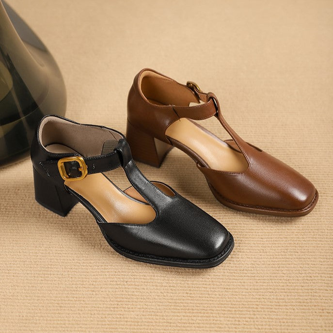 T-Strap Square Toe Block Heel Mary Jane Pumps