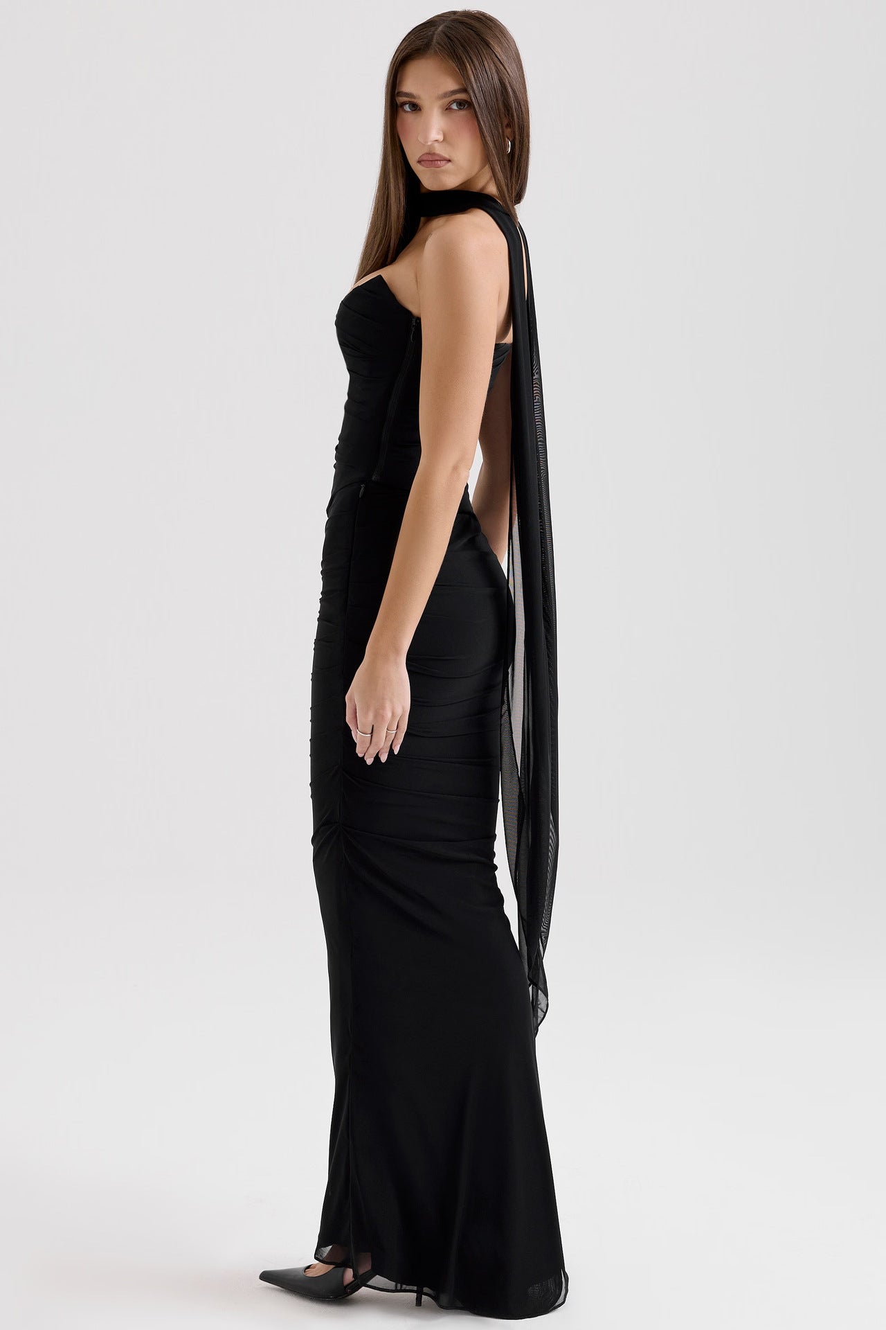 One Shoulder Draped Sash Ruched Fishtail Maxi Gown