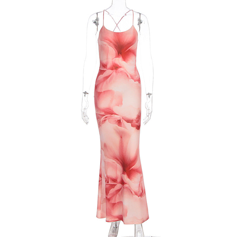 Watercolor Print V-Neck Spaghetti Strap Bodycon Maxi Dress 2