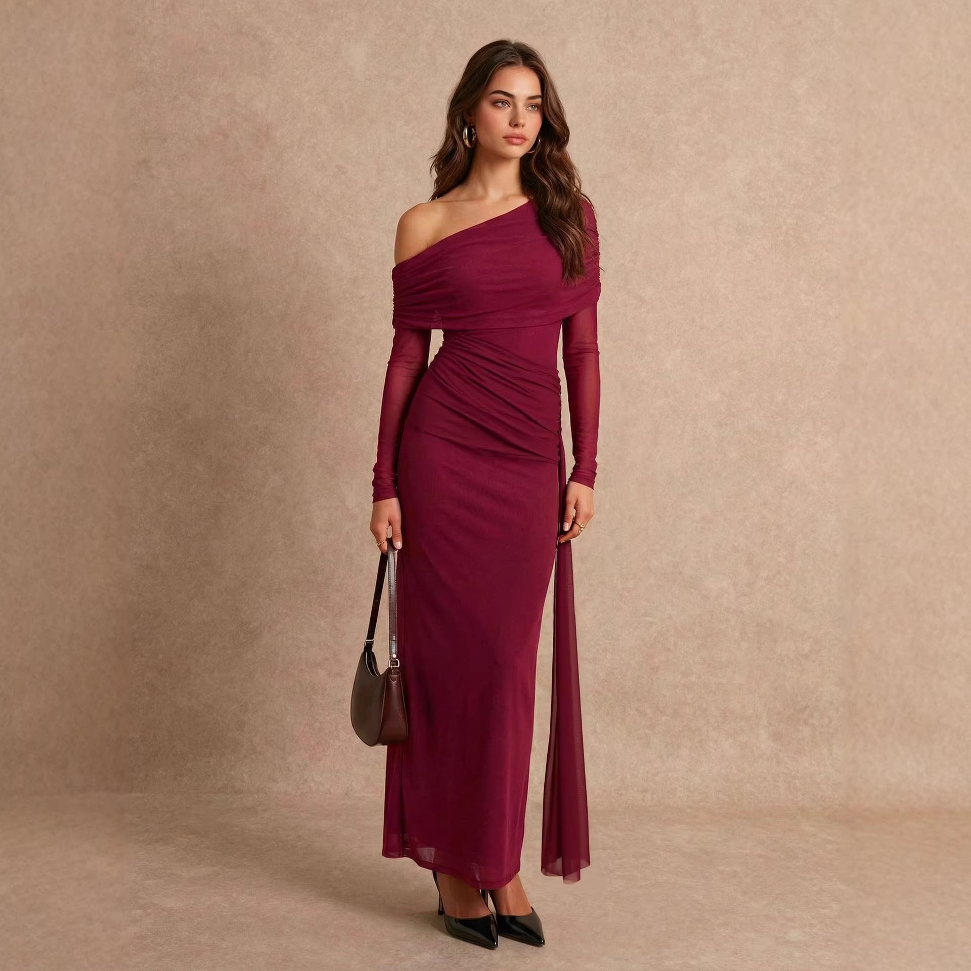 One Shoulder Mesh Cocktail Dress Solid Color Long Sleeve Dress Slim Fit Cocktail Evening Dress