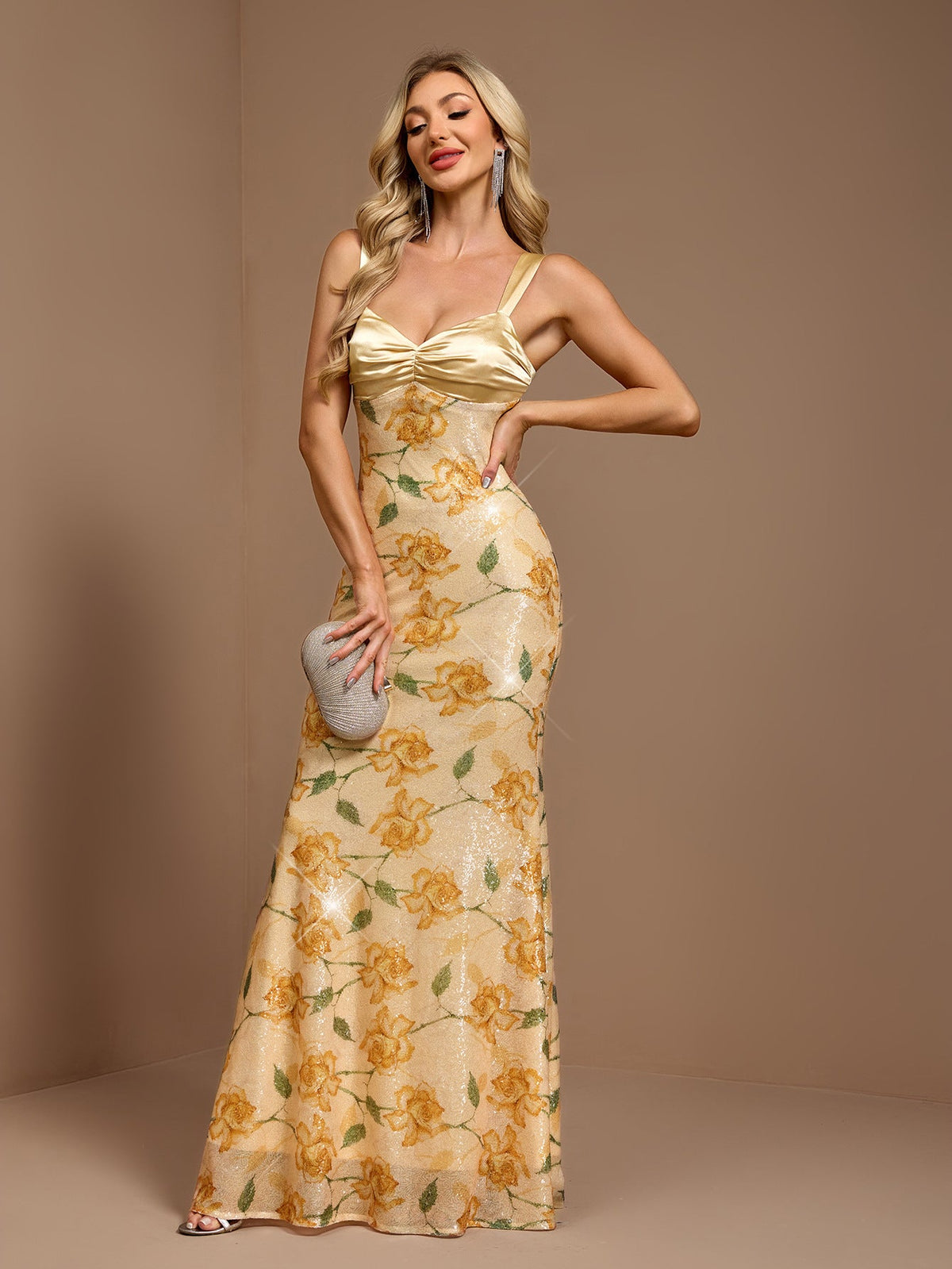 Satin Ruched Bust Floral Sequin Mermaid Maxi Gown 2