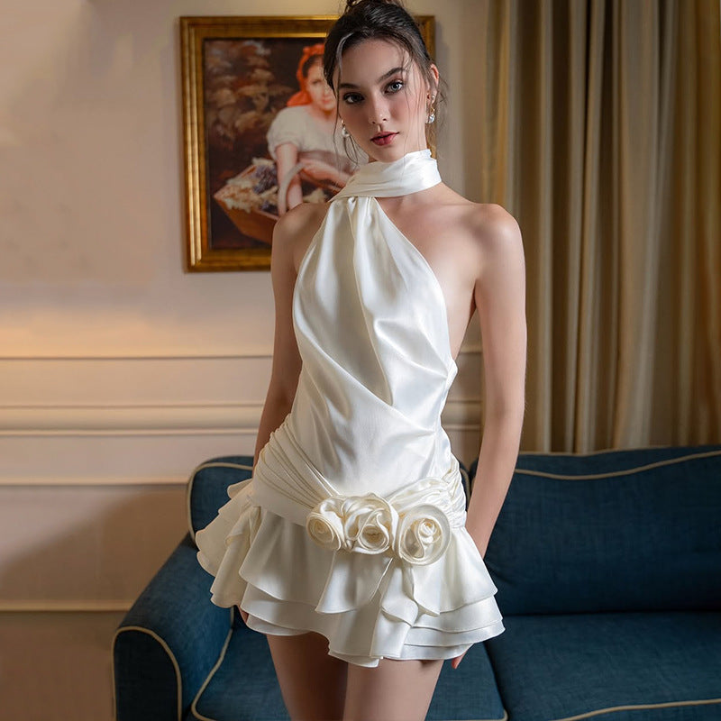 Satin Halter Neck Scarf Tie Rosette Tiered Ruffle Mini Dress