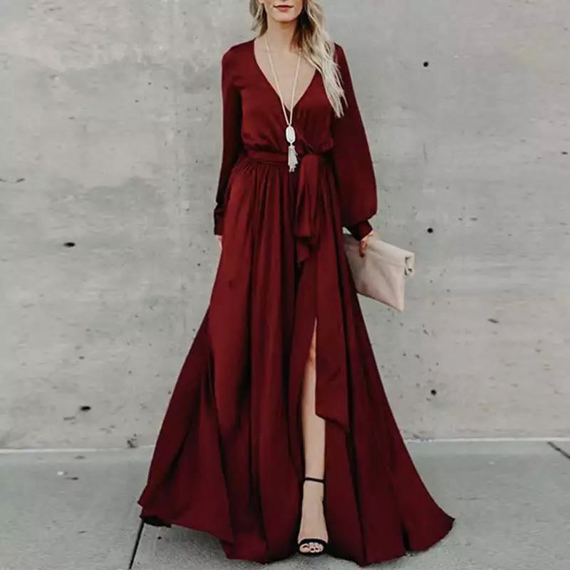 Glitzy Night Satin Belted Maxi Dress - View 3
