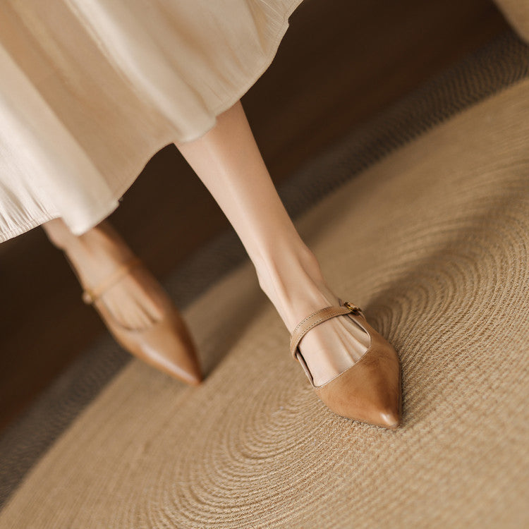 Pointed Toe Ankle Strap Mary Jane Flat Mules