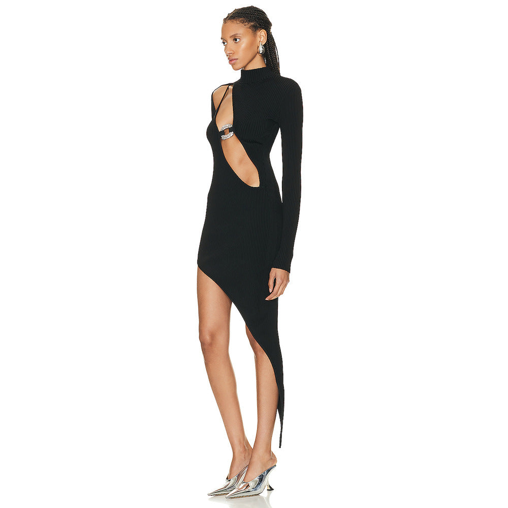 Black Long Sleeve Diamond Decorations Hollow Out Cutout Dress - View 3