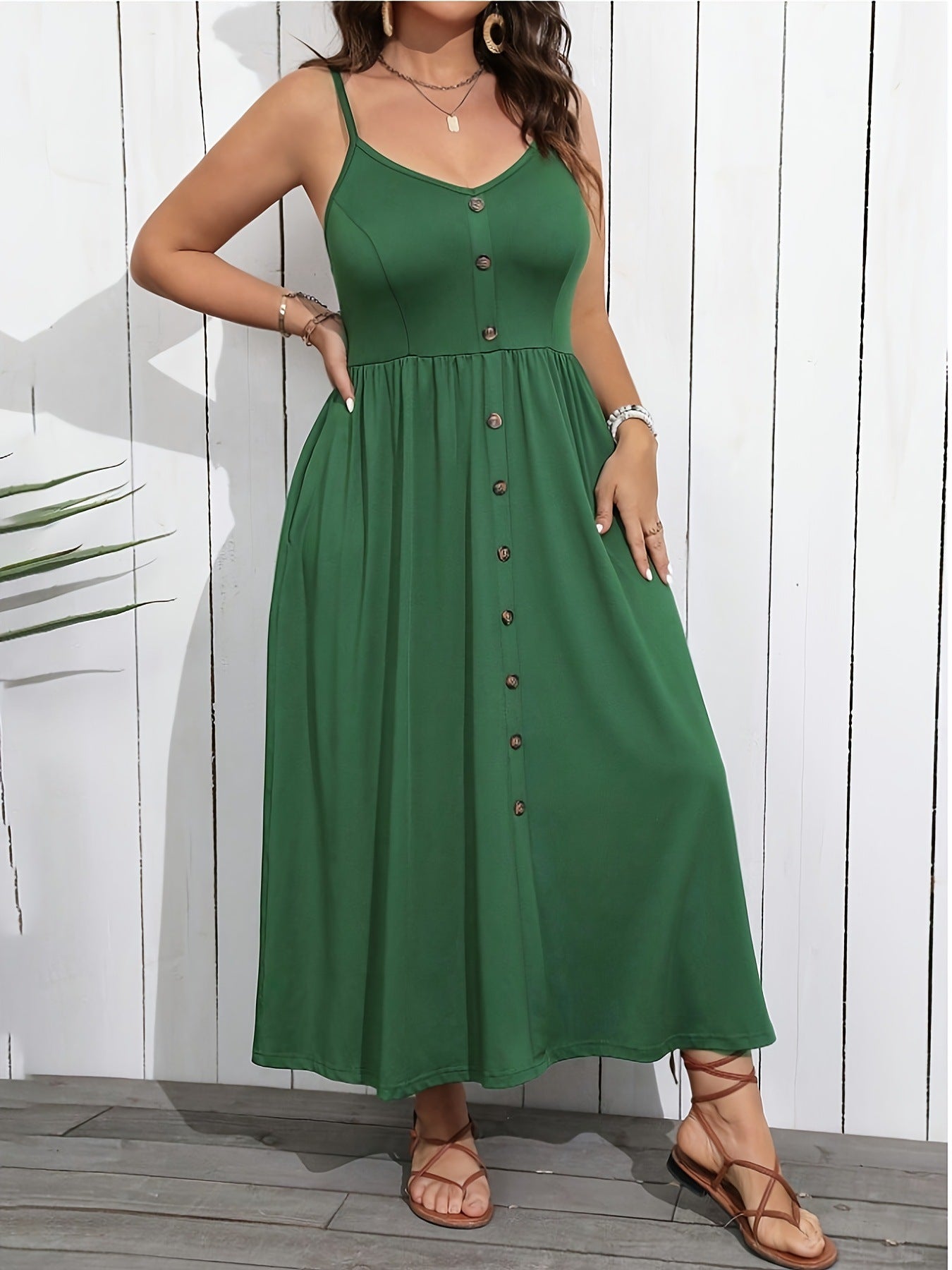 Spaghetti Strap Button Front Pocket Midi Dress 11