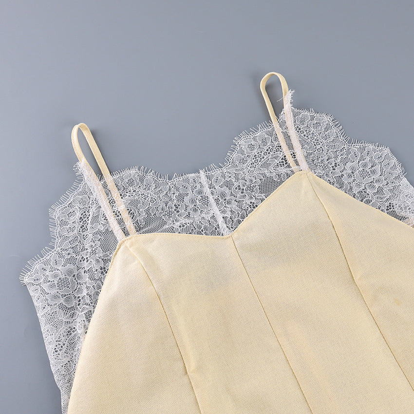Linen Look Lace Trim Spaghetti Strap Slip Mini Dress 8