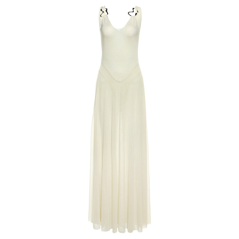 Slim V neck Backless Strap Mesh Dress - View 5