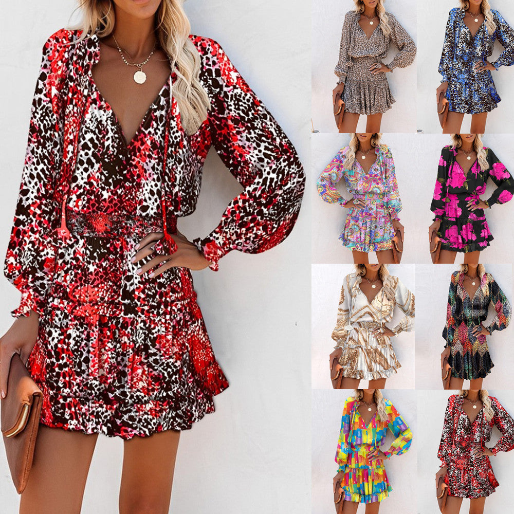 Floral V-Neck Long Sleeve Tiered Ruffle Mini Dress 13
