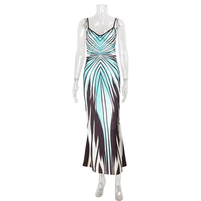 Abstract Stripe Print V-Neck Spaghetti Strap Bodycon Midi Dress 4