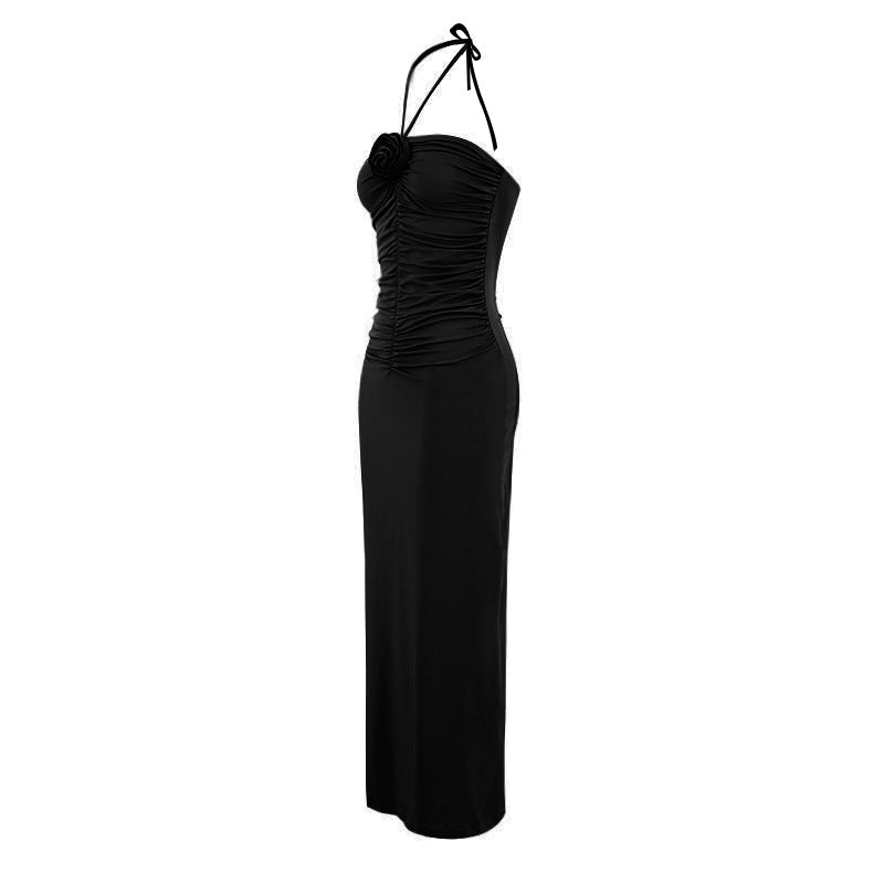 Halter Neck Floral Applique Ruched Side Slit Bodycon Maxi Dress