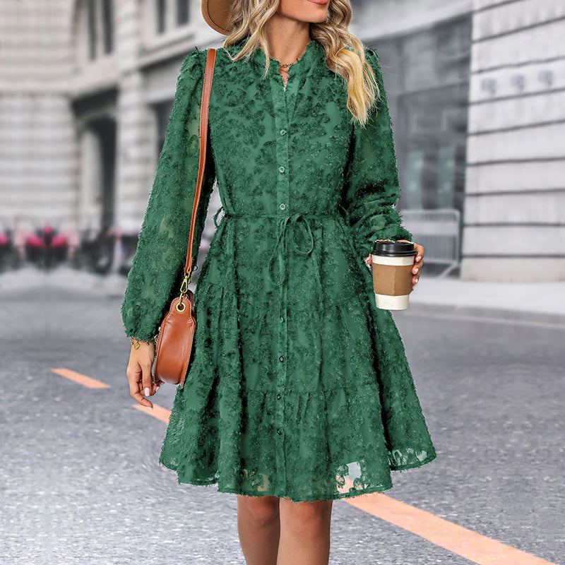 Textured Long Sleeve Button Front Tiered Mini Dress 8
