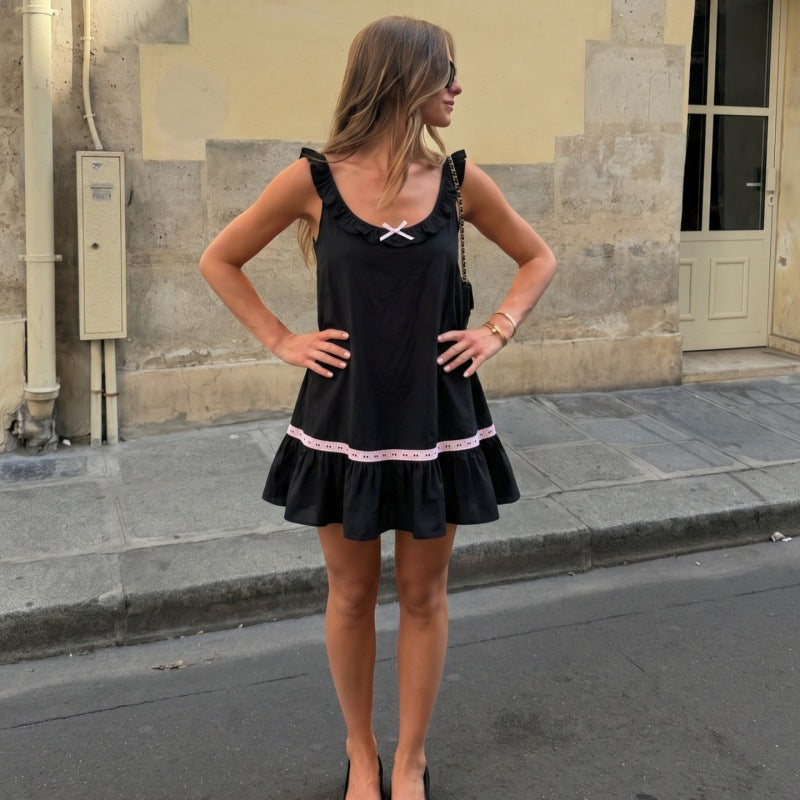 Women Autumn Bow Pleated Suspender Short Dress Ruffled Sexy Dress Women