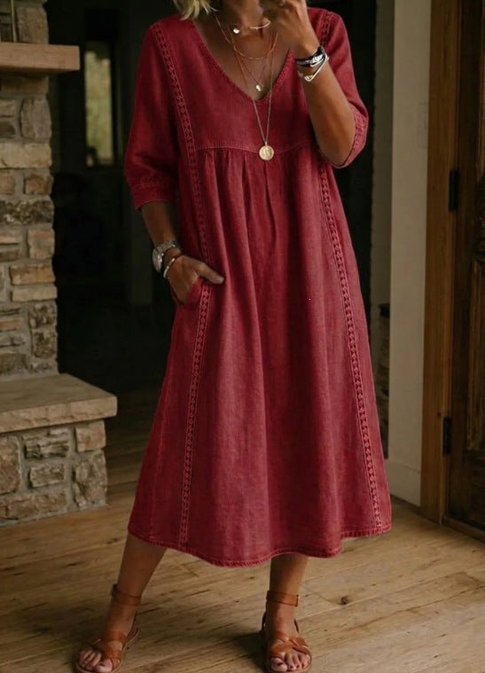 V-Neck Lace Trim Linen Pocket Midi Dress 6
