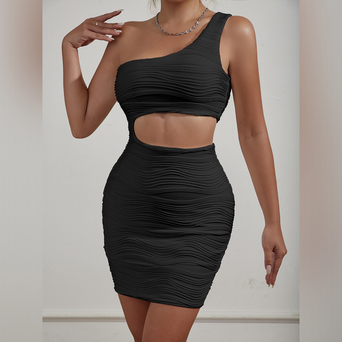 Textured One Shoulder Cut Out Bodycon Mini Dress 3