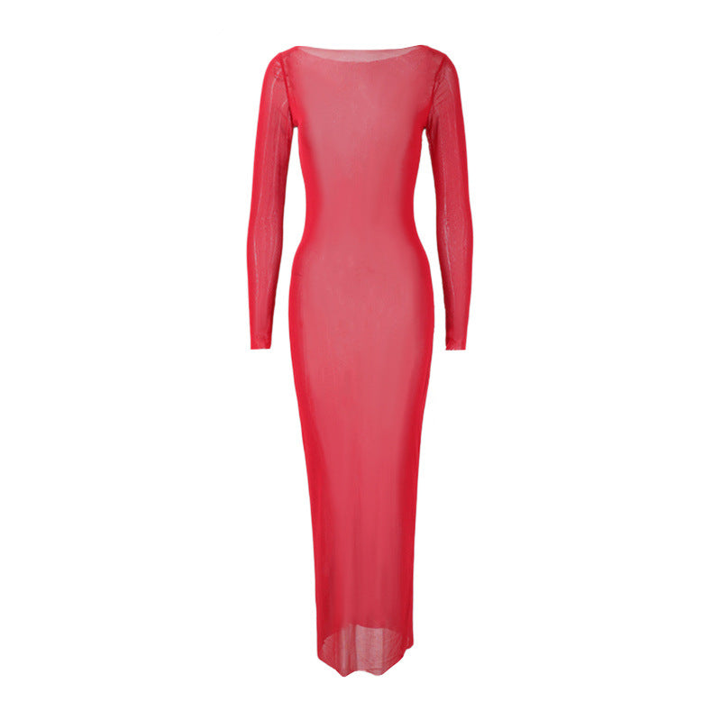 Sheer Mesh Round Neck Long Sleeve Bodycon Maxi Cover Up Dress 4