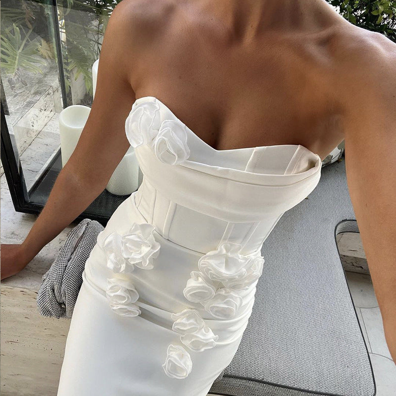 Strapless Corset Floral Appliqué High Split Maxi Gown 2