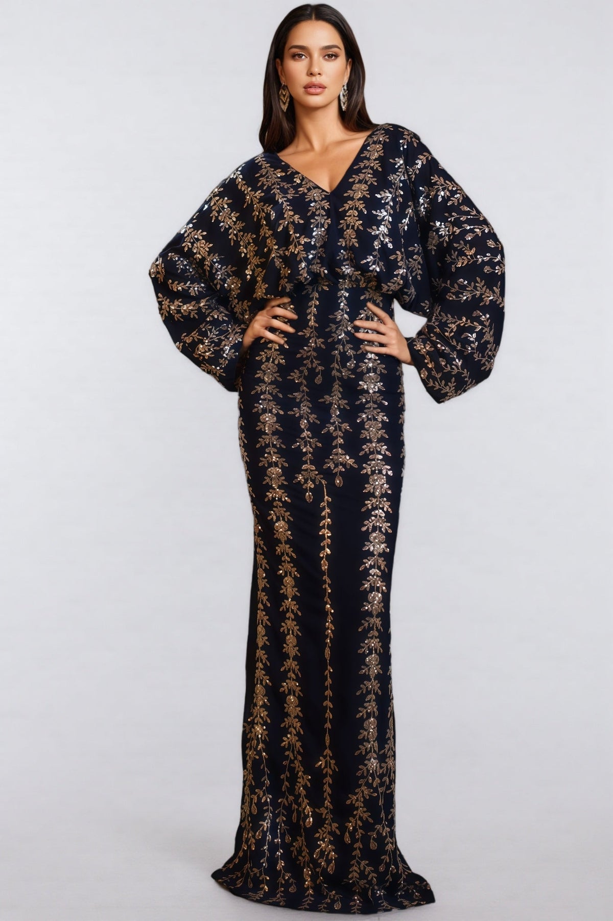Sequin Embroidered V-Neck Batwing Long Sleeve Column Maxi Dress
