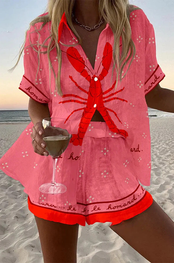 Lobster Print Short Sleeve Shirt and Shorts Two Piece Set